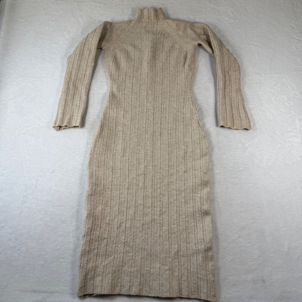 Anine Bing Beige 100% Wool Ribbed Mock Neck Midi Dress Small A-02-3183-280 - Picture 9 of 10